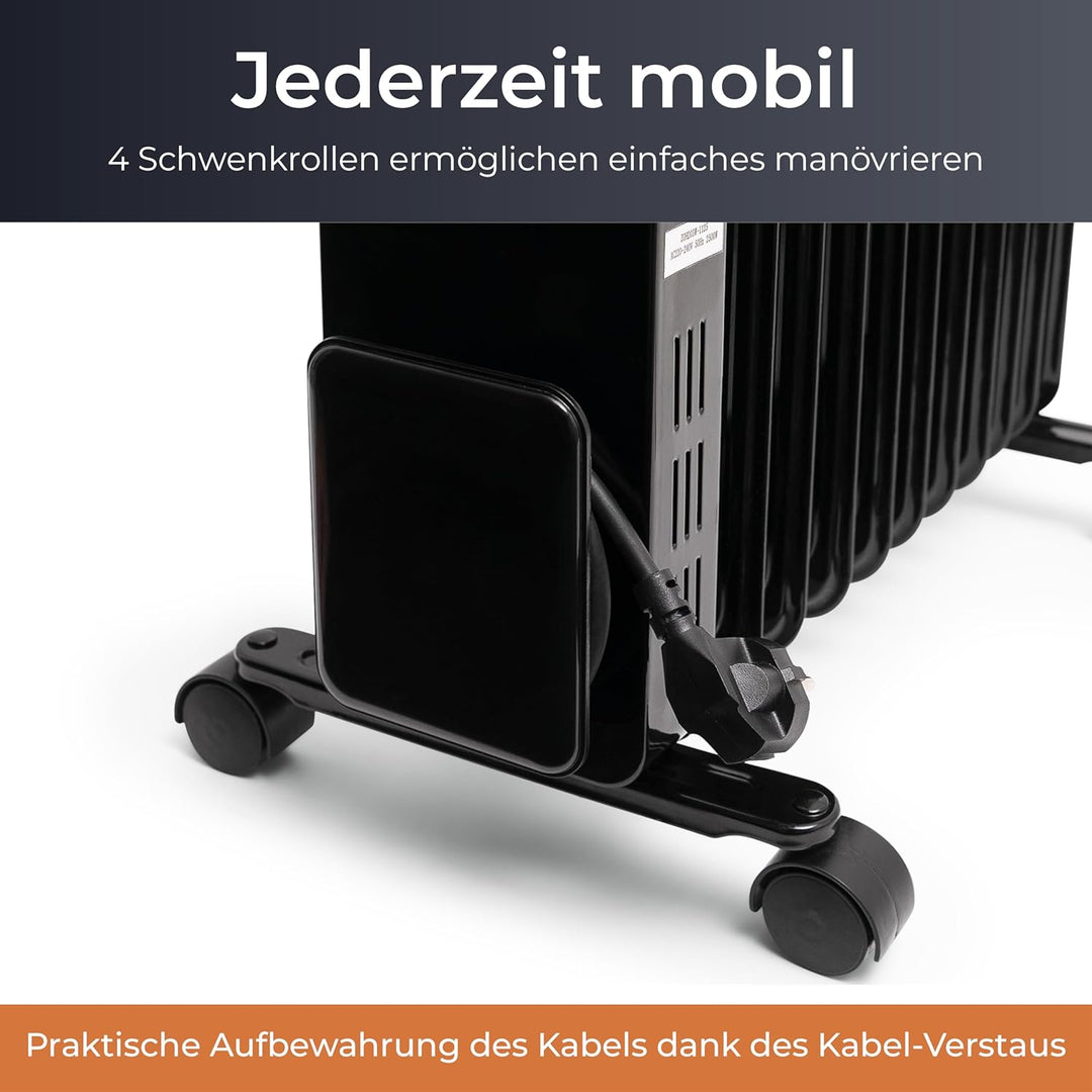 KLAMER Ölradiator 2500 W, Elektroheizung energiesparend, 13 Rippen, 3 Heizstufen mit Eco-Modus, 24h