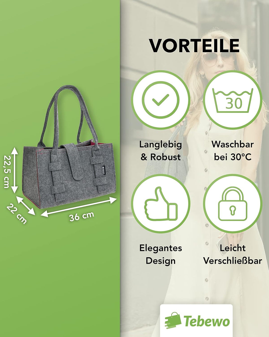 Tebewo Handtasche,Shopping Bag aus Filz, verschliessbare Einkaufs-Tasche mit Henkel, Einkaufskorb, F