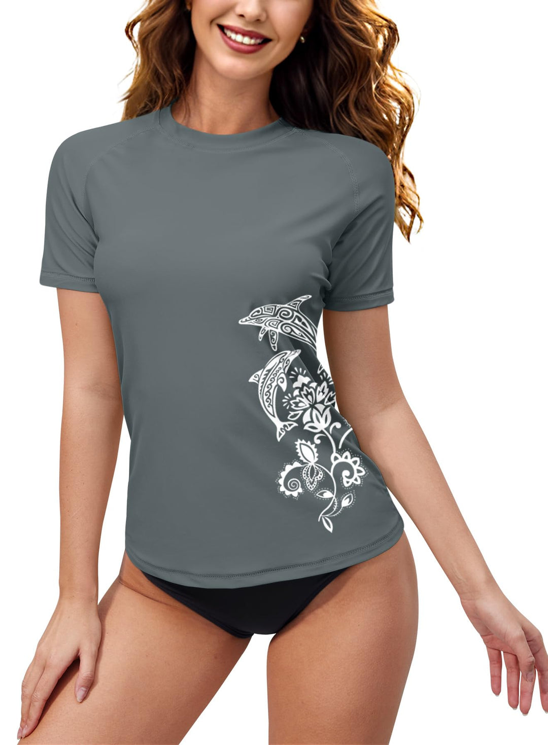 BesserBay Damen Rundhals Kurzarm Rash Guard Shirt Schnelltrocknend UPF 50+ Badeshirt S-XXL M Grau, M