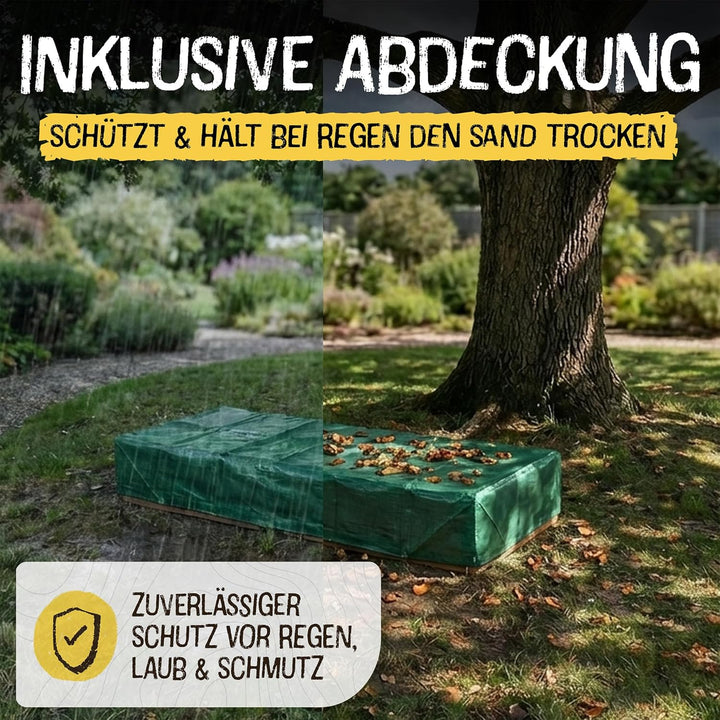 FRIEDO Sandkasten mit Abdeckung 120x40cm aus lasiertem Holz und Deckel I Sandkasten mit Matschküche