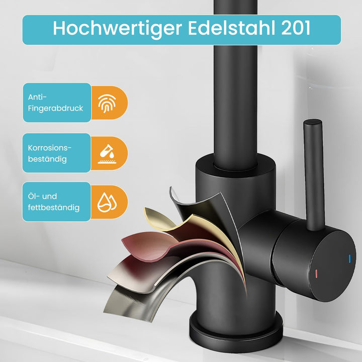 Wasserhahn Bad,Badarmatur/Küche,360°drehbar,Einhebelmischer,Edelstahl Waschbeckenarmatur Schwarz Zwe