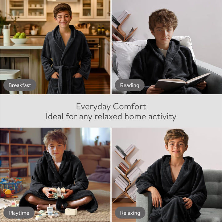 HOMELEVEL Kinder Microfaser Bademantel Morgenmantel kuschelweich Winter Bade Mantel 146-152 Schwarz,