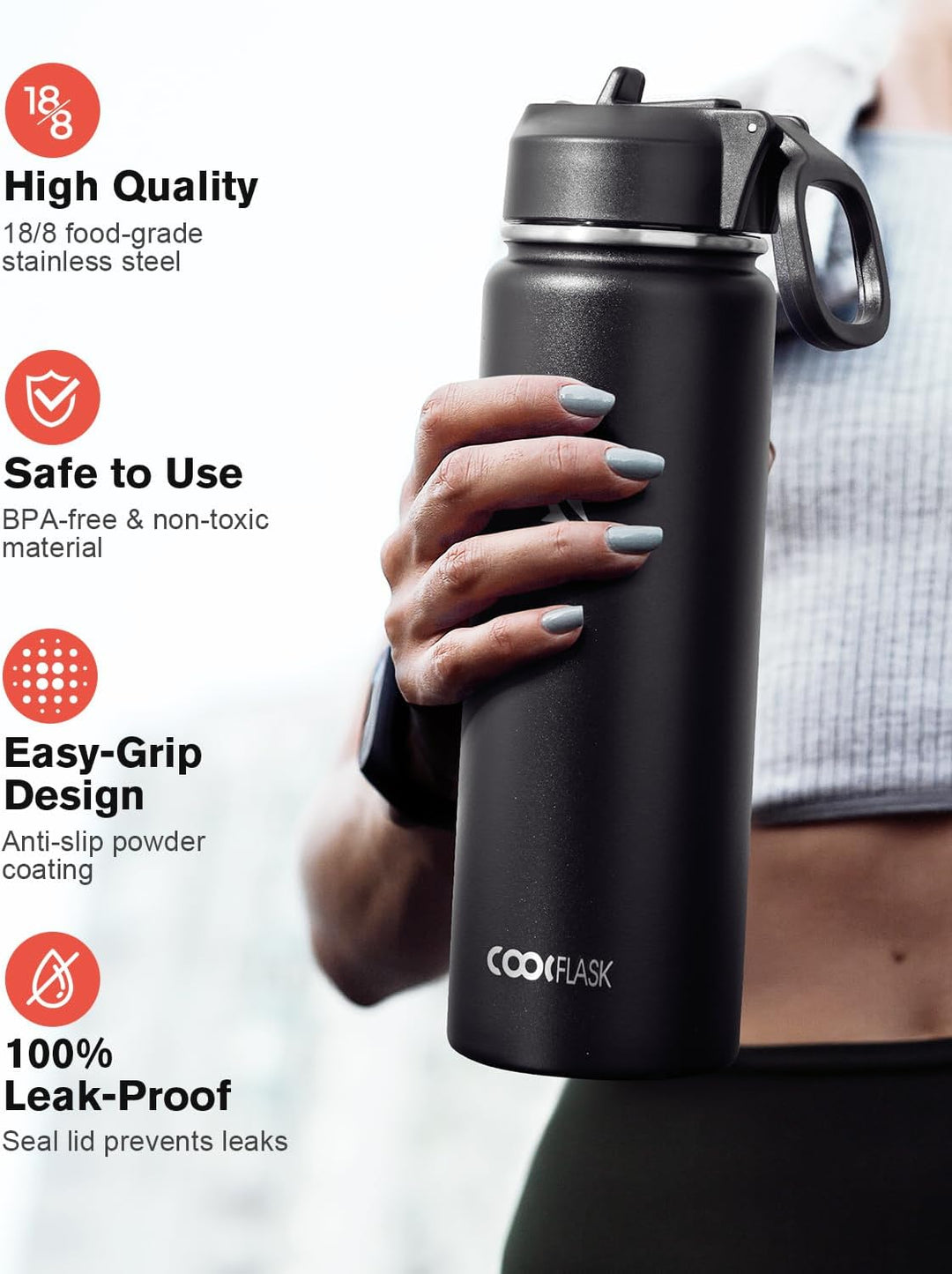 Coolflask Isolierte Wasserflasche 710 ml, Wasserflasche mit Strohhalm & 3 Deckeln, Isolierte trinkfl