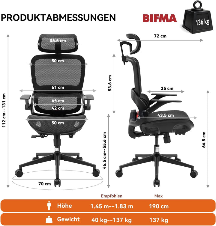 SIHOO Bürostuhl Ergonomisch, Schreibtischstuhl mit 4D Dynamischer Lordosenstütze, Breiter Kopfstütze