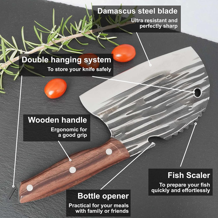 Japanisches Küchenmesser, professionell, aus Damaststahl und Holzgriff, Kochmesser, Küchenmesser, Fl