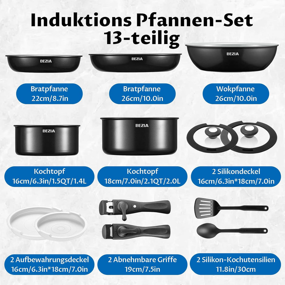 BEZIA Pfannenset mit abnehmbaren Griffen, Töpfe und Pfannen Set mit gesunder Keramikbeschichtung, In