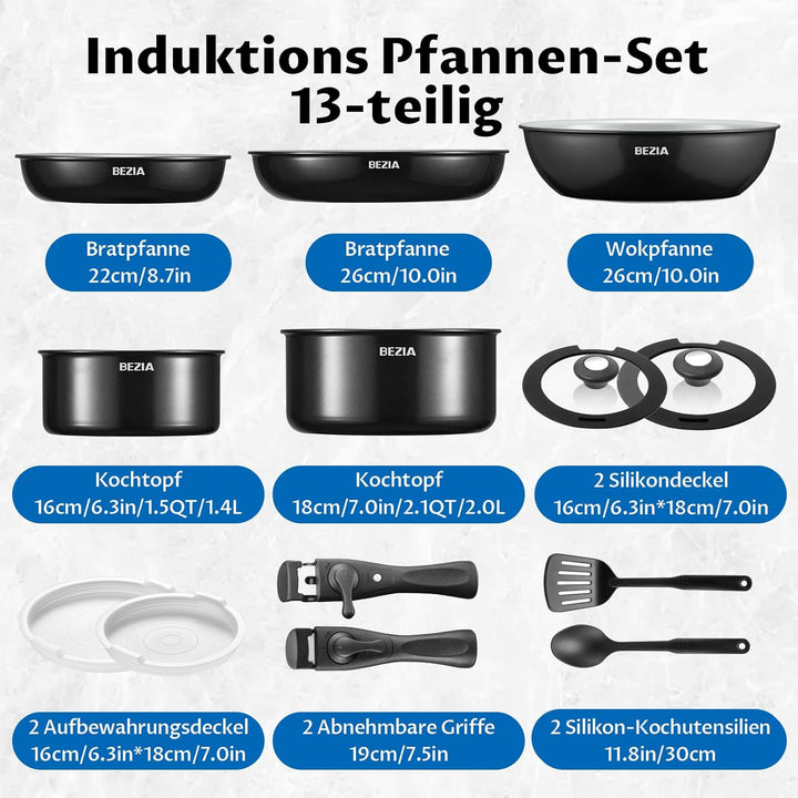BEZIA Pfannenset mit abnehmbaren Griffen, Töpfe und Pfannen Set mit gesunder Keramikbeschichtung, In