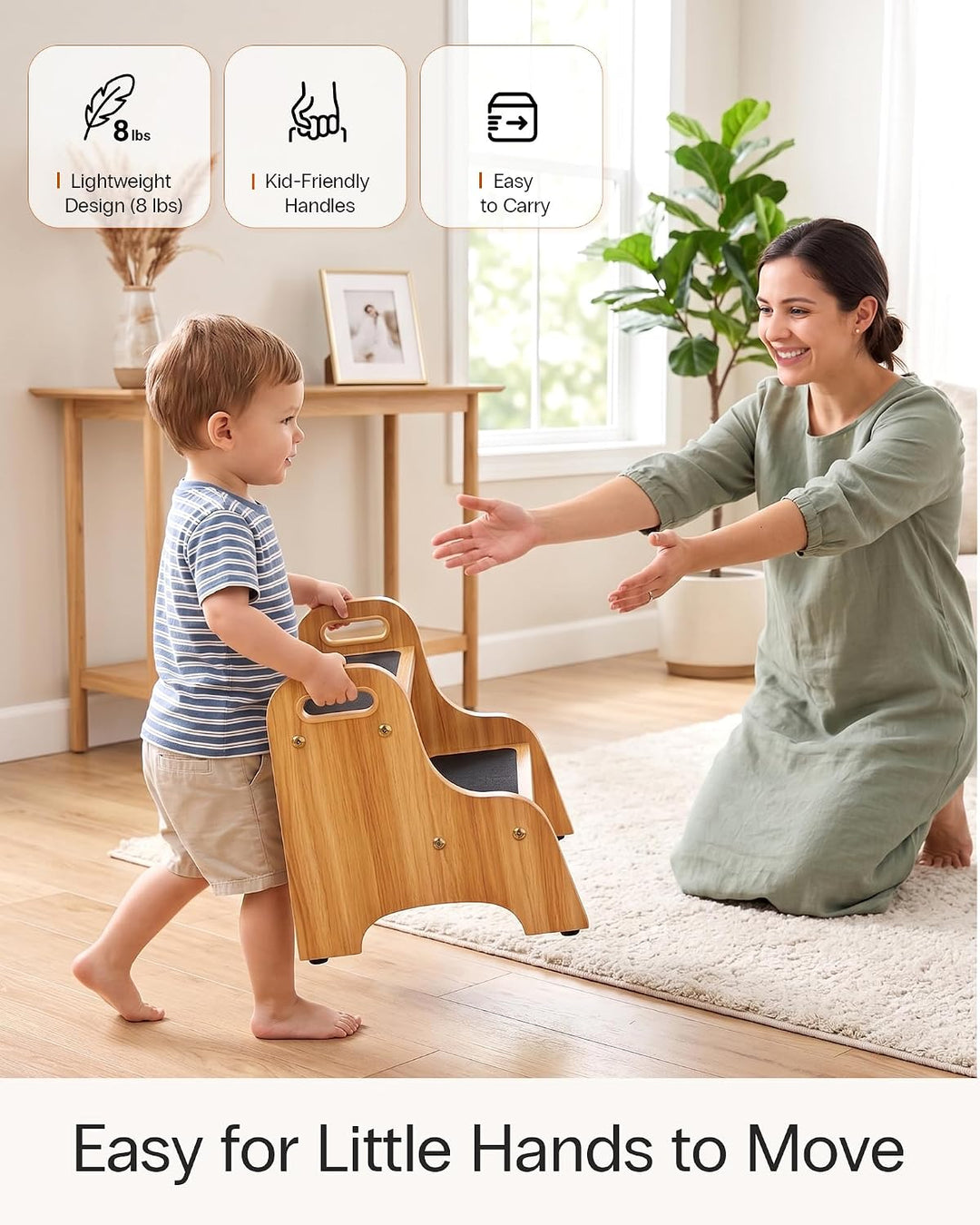 StrongTek Wood 2 Tritthocker für Kinder mit Rutschfester Trittfläche, tragbaren Griffen, rutschfeste