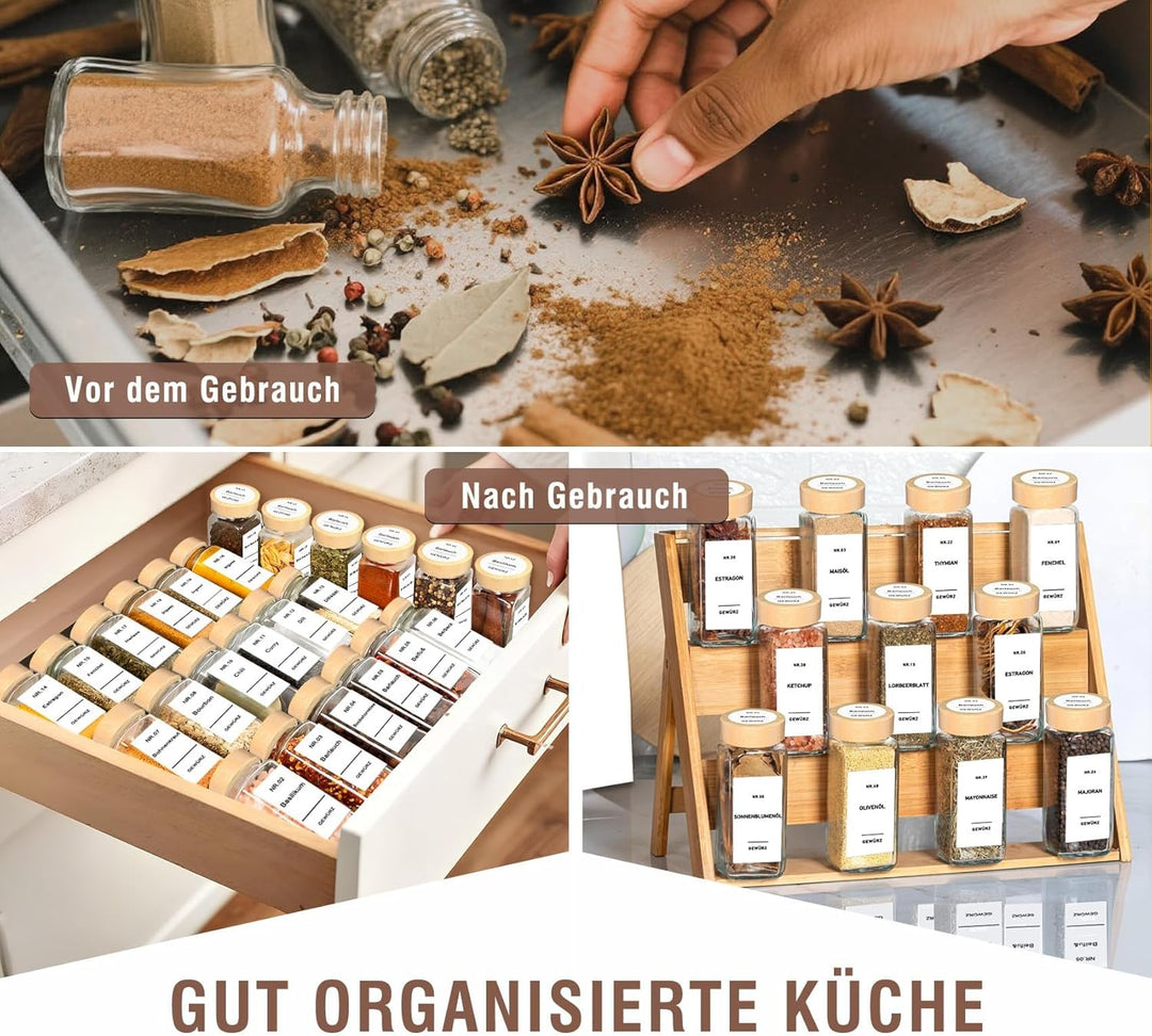 24 Gewürzgläser Eckig Set mit Bambusdeckel 10,5 x 4,5 cm Gewürz Organizer mit Gewürzmühle und 200 We