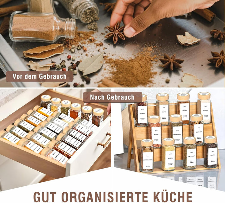 24 Gewürzgläser Eckig Set mit Bambusdeckel 10,5 x 4,5 cm Gewürz Organizer mit Gewürzmühle und 200 We