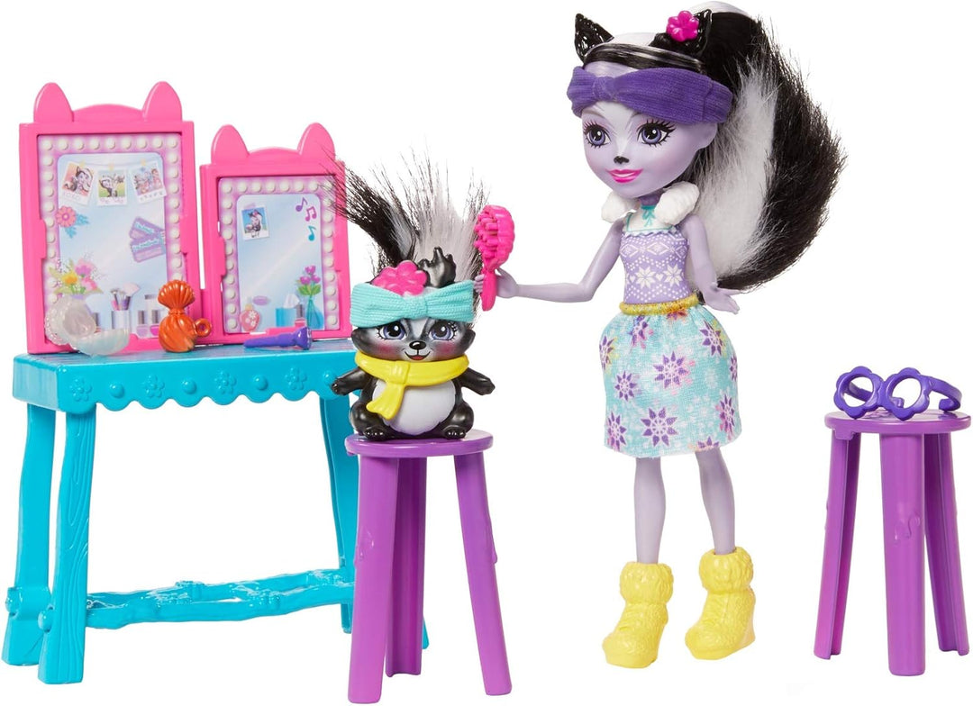 Enchantimals GJX34 - Stinktierspass-Frisiertisch mit Sage Skunk & Caper, Spielset für endlosen Schmi