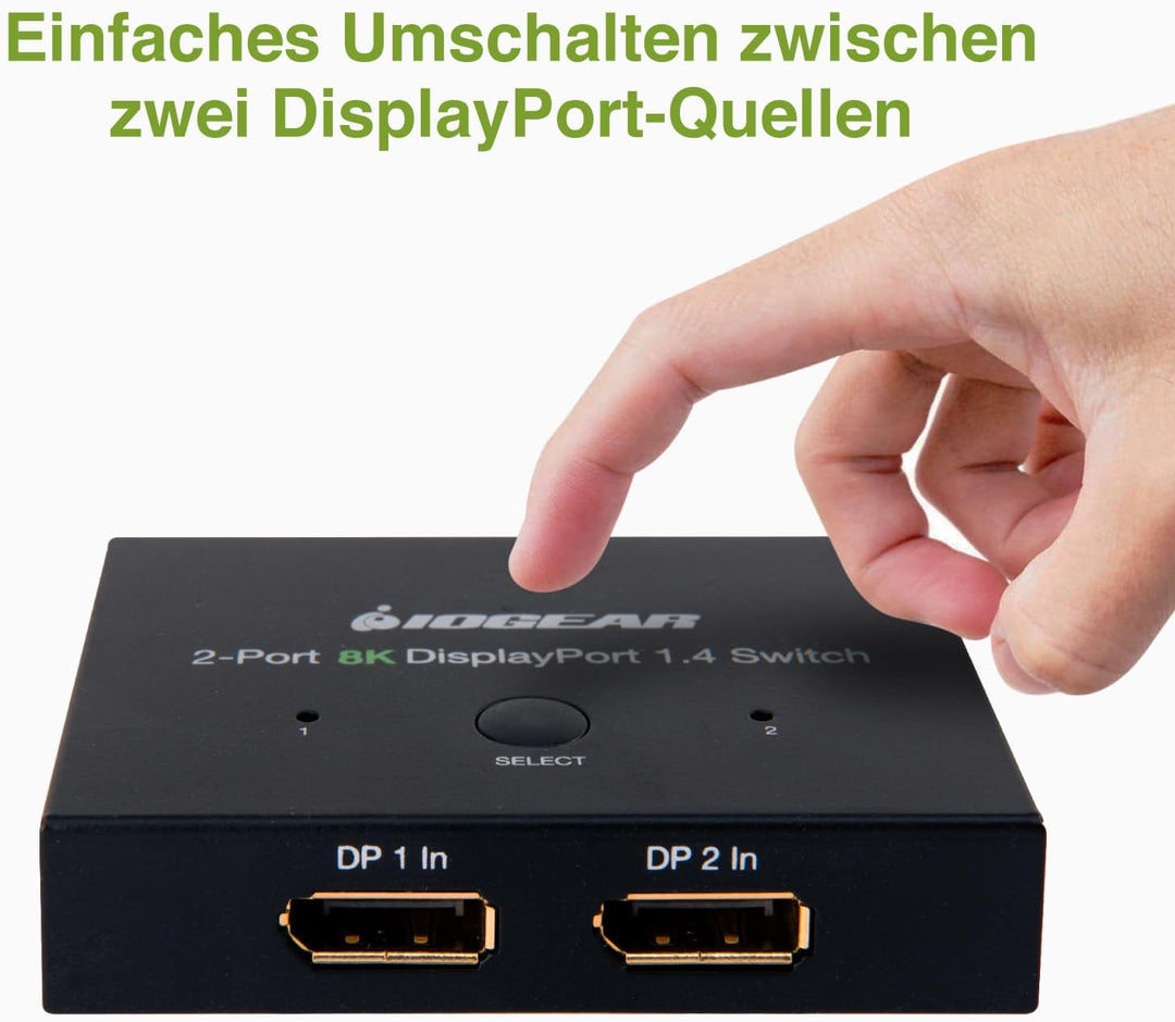 IOGEAR Displayport Switch, 8K Displayport 1.4 Splitter, 2 Eingänge 1 Ausgang 8K@60Hz 4K@120Hz Konver