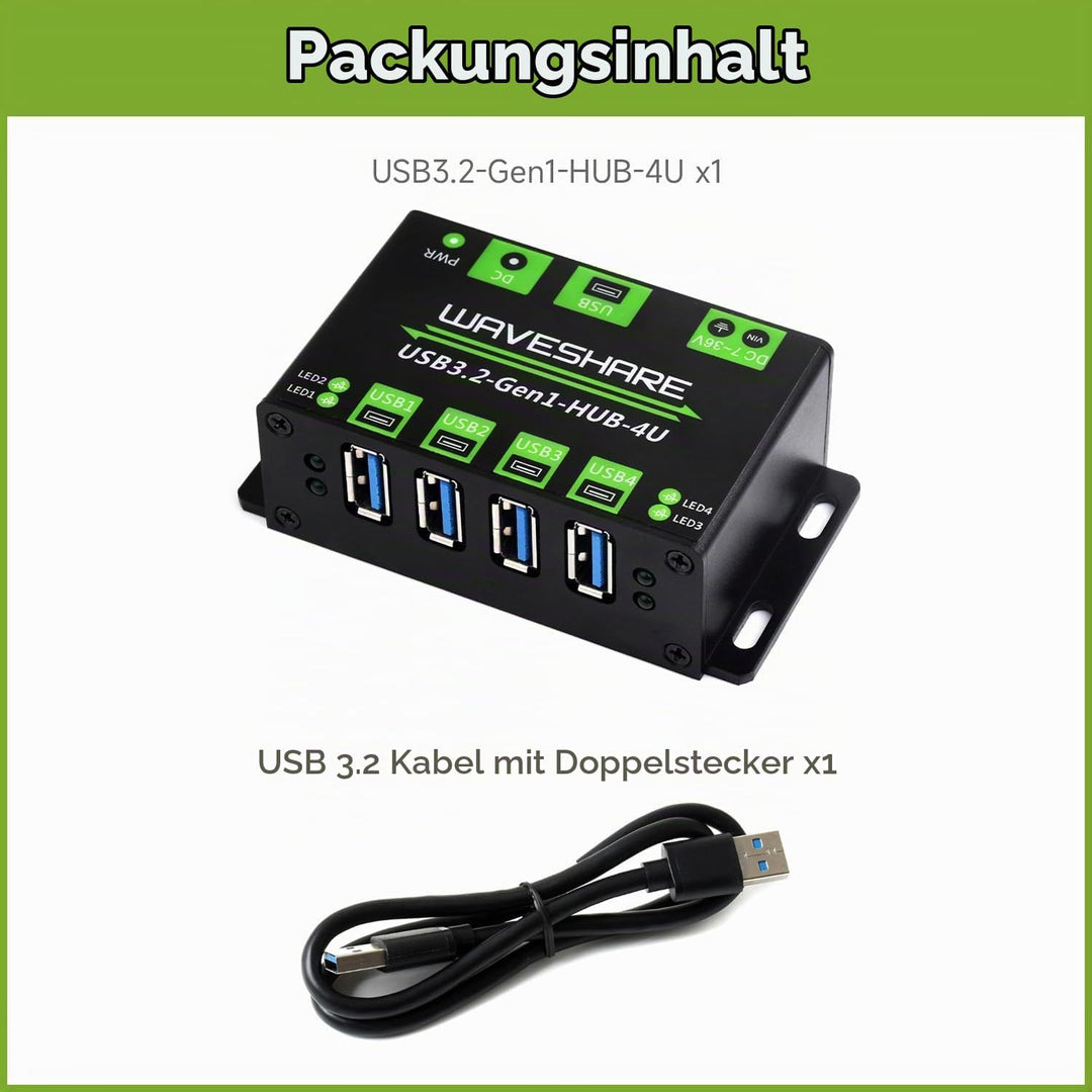 Waveshare 4-Ch USB 3.2 Gen1 HUB, Metal Case with Wall-Mount Support, Driver-Free, Plug-and-Play, Com