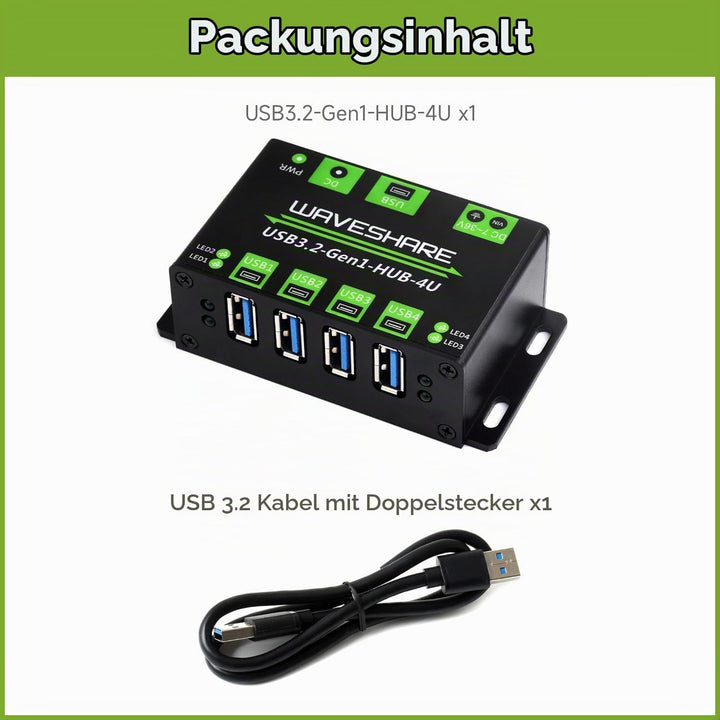 Waveshare 4-Ch USB 3.2 Gen1 HUB, Metal Case with Wall-Mount Support, Driver-Free, Plug-and-Play, Com