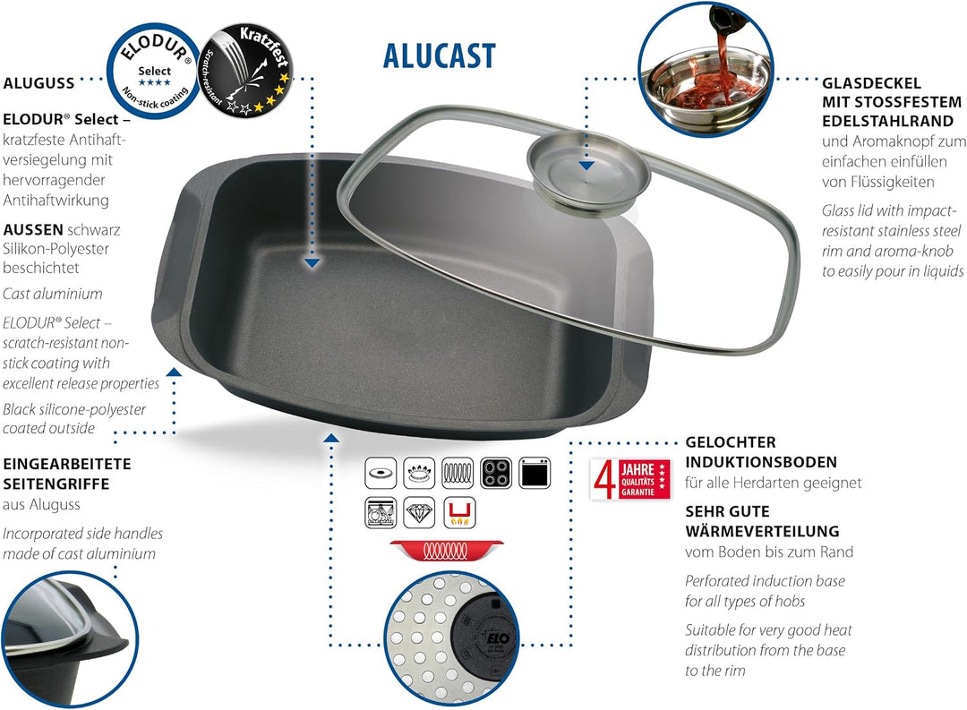 ELO Alucast Bräter 22cm mit Glasdeckel und Aromaknopf, ELODUR® Select Antihaftversiegelung, backofen