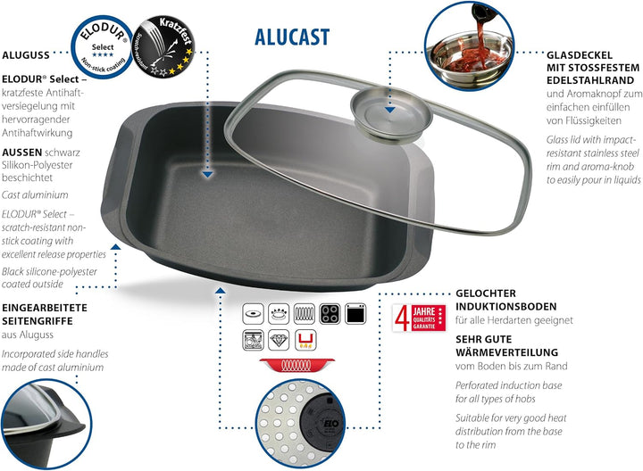 ELO Alucast Bräter 22cm mit Glasdeckel und Aromaknopf, ELODUR® Select Antihaftversiegelung, backofen