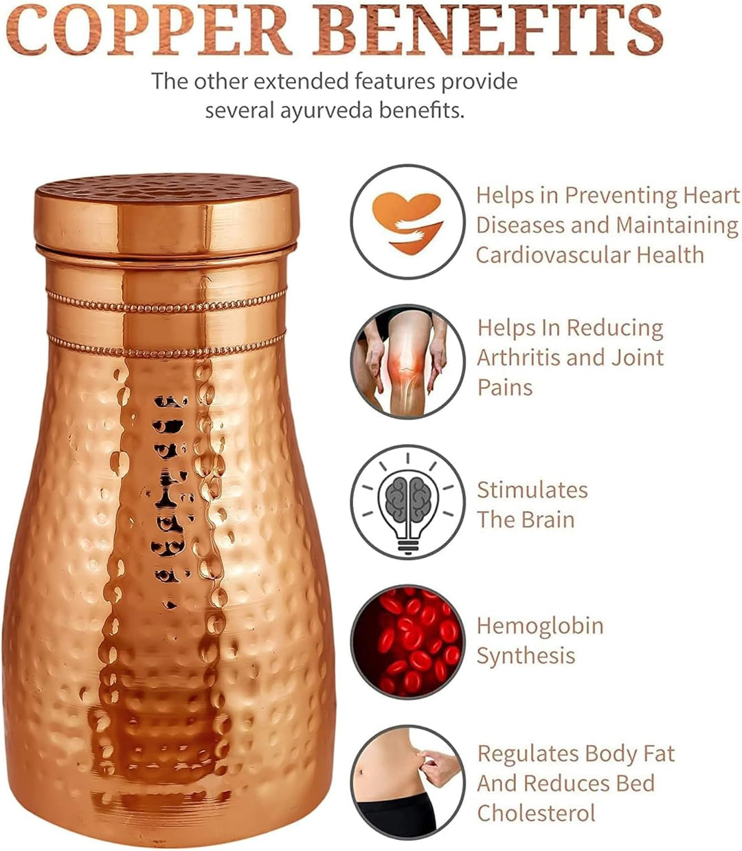 Kupferkrug Nachttisch-Karaffe 1.2 Litre/40 Oz Schlafzimmer-Wasserflasche Ayurveda Gesundheitliche Vo