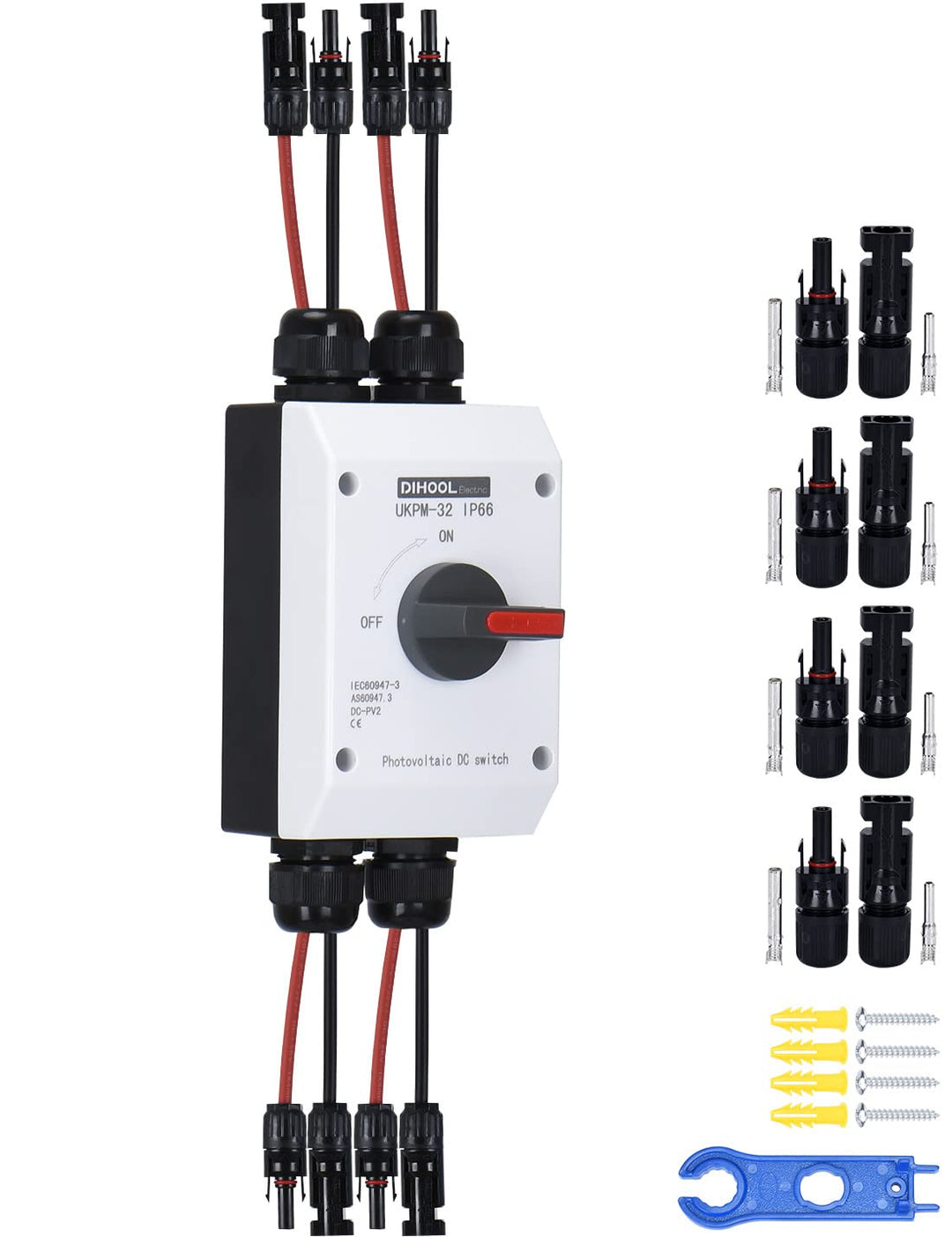 DIHOOL DC Trennschalter 2 Strings PV Anlage mit Generatoranschlusskasten Sicherungsautomat 32A IP66