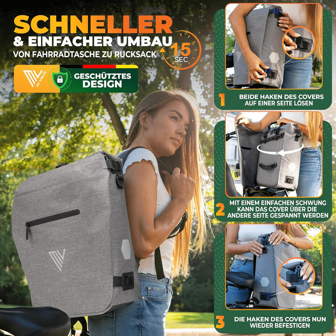 MIVELO 3in1 Fahrradtasche für Gepäckträger I Rucksack &amp; Gepäckträgertasche hinten - in 15 Sekunden u