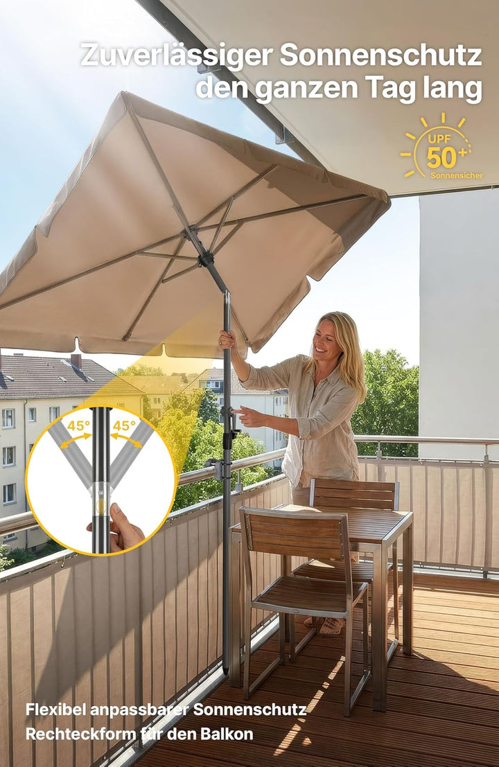 4smile SunnyShade Sonnenschirm Balkon mit Halterung im 3-er-Set, UV 50+, 210x140 cm, Taupe, für Balk