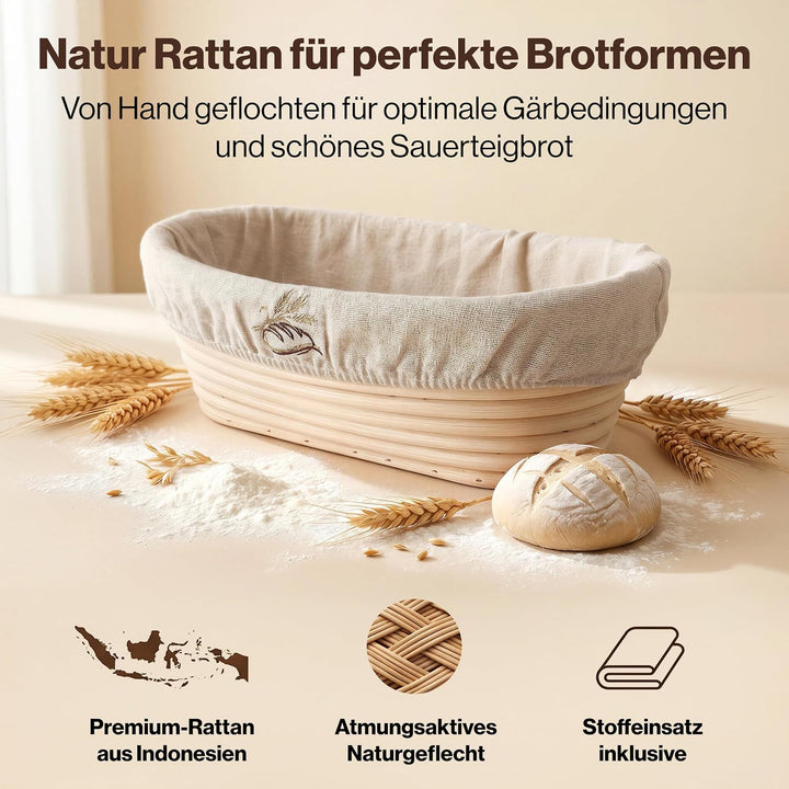 EDELHAUS Gärkörbchen Set 7-teilig zum Brotbacken, komplettes Sauerteig Brotbackset mit Sauerteig Gla