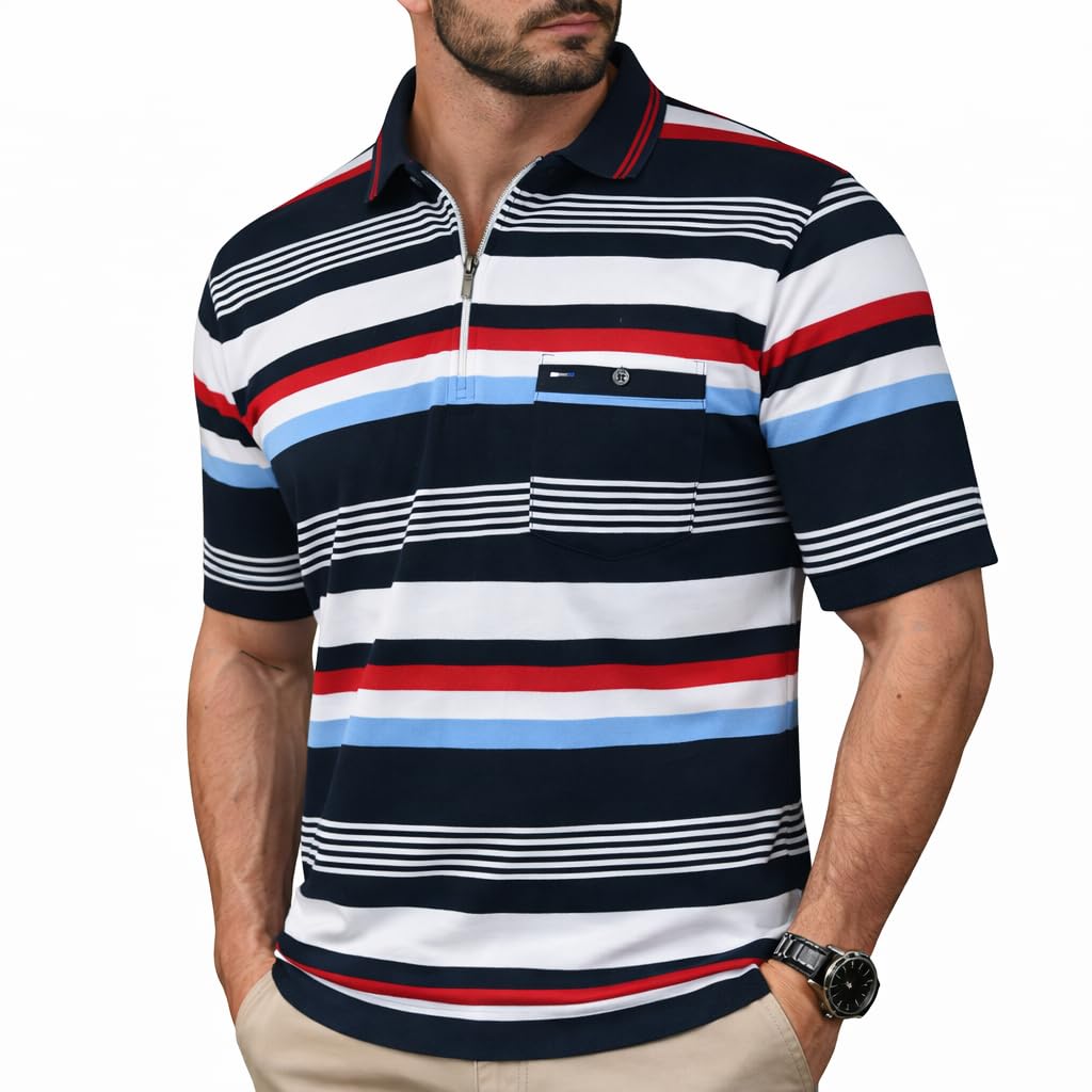 Soltice Polo Shirts Herren Kurzarm, Blousonshirts, Gestreifte Polohemden mit Brusttasche aus Baumwol