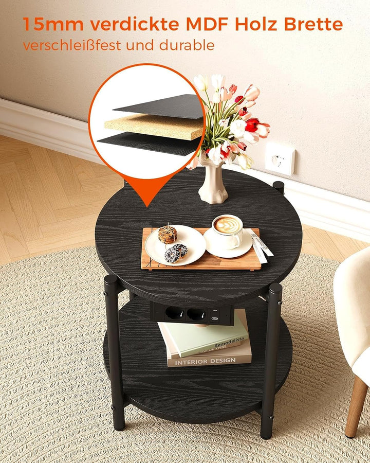 IRONCK Beistelltisch rund, Couchtisch mit Steckdose, Kleiner Tisch Holz, Wohnzimmertisch 2 Ablagen,S