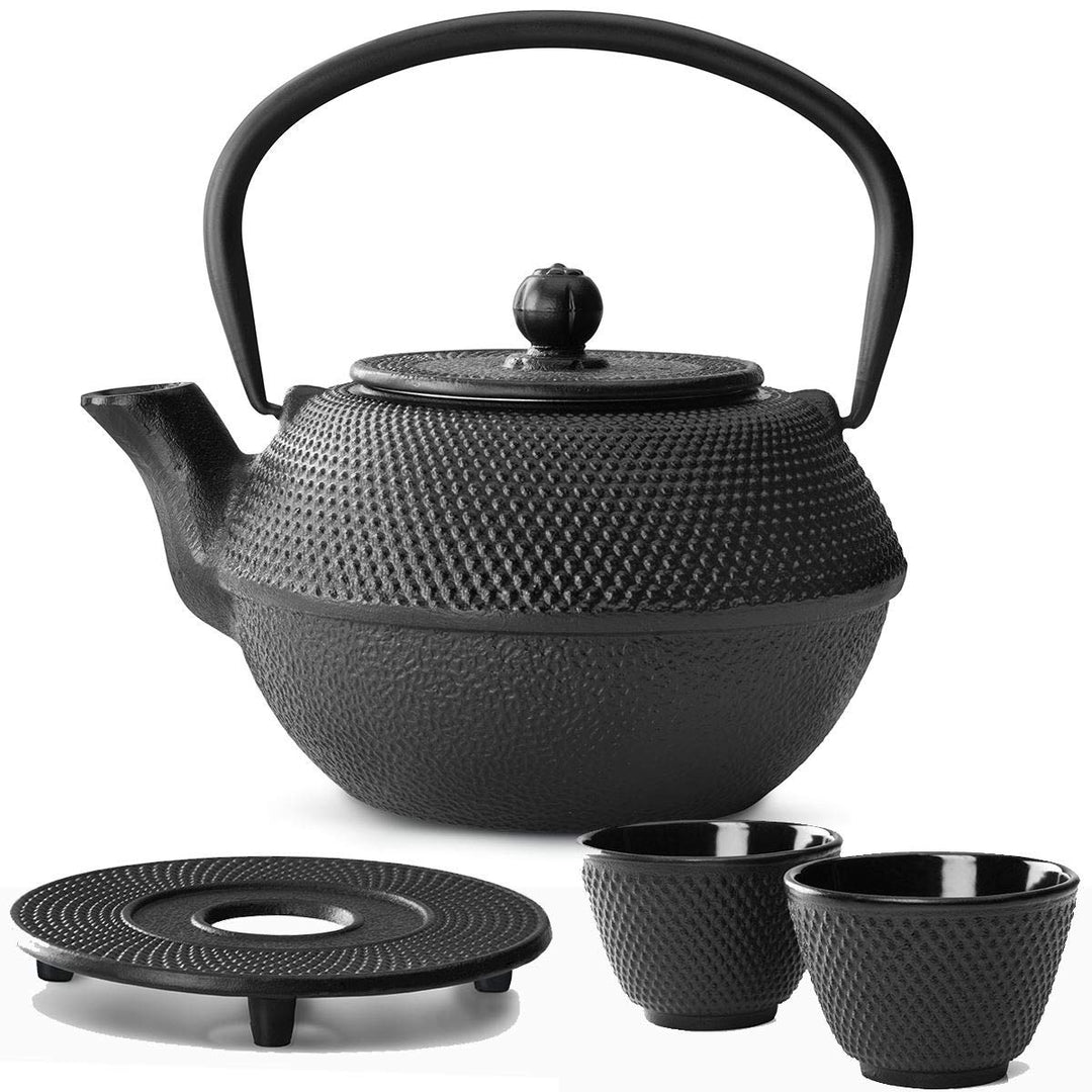 Teekanne asiatisch Gusseisen Set schwarz 1.1 Liter mit Edelstahl Tee-Filter-Sieb-Einsatz für losen T