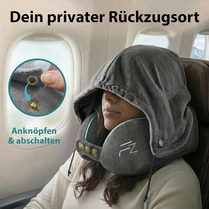 FLOWZOOM Comfy Nackenkissen Flugzeug & Auto mit Kapuze - Einstellbares Memory Foam Reisekissen mit D