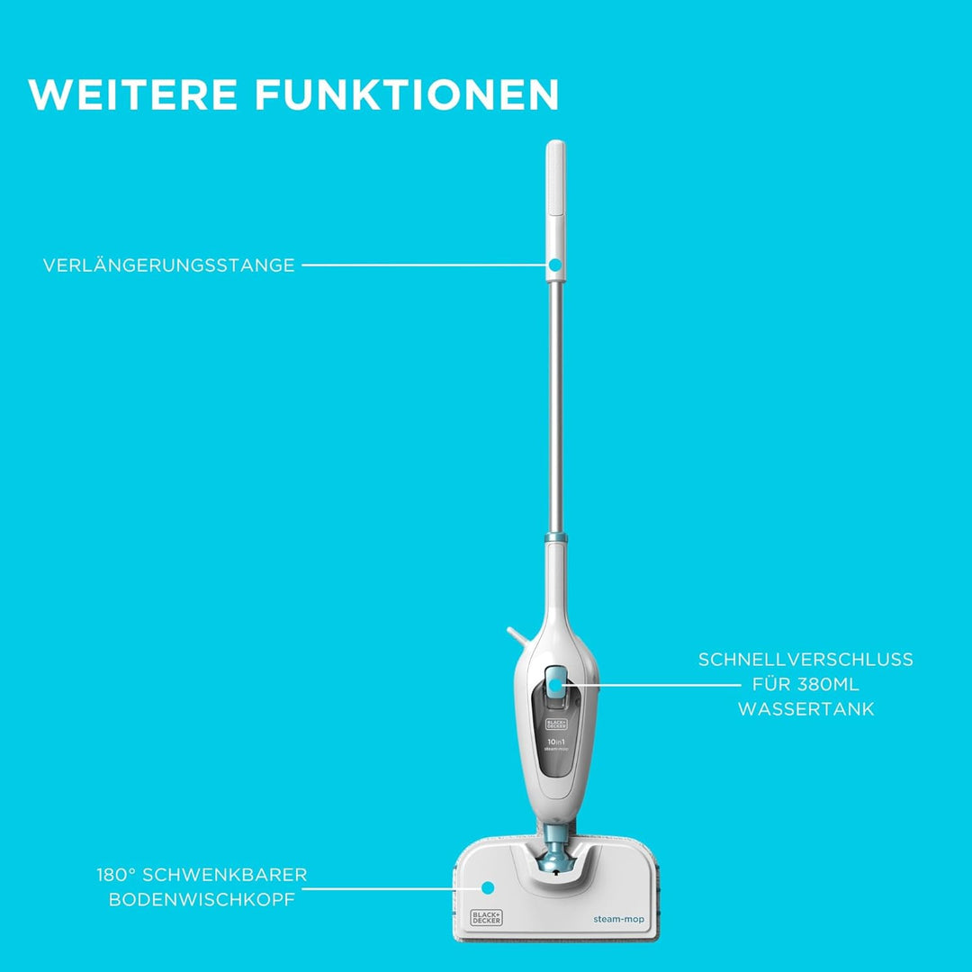 Black+Decker FSMH13E10-QS 10-in-1 Dampfbesen Steam Mop Deluxe (1300W, Dampfreiniger für hygienische