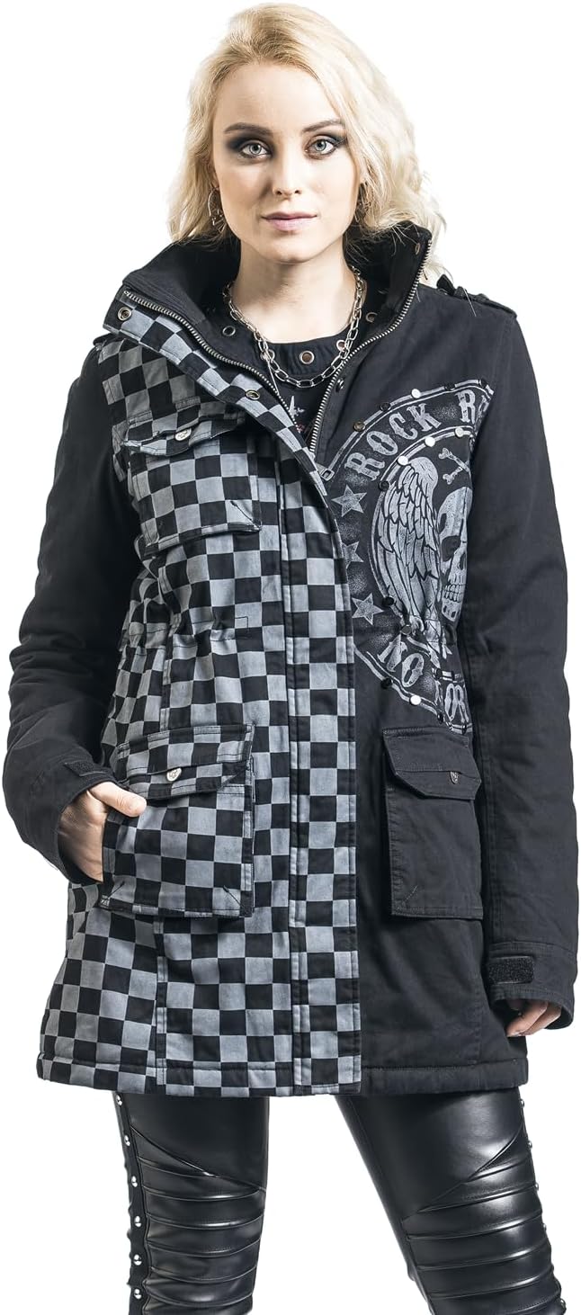 Rock Rebel by EMP Damen schwarz-graue Jacke mit Nieten und Print S grau/schwarz, S grau/schwarz