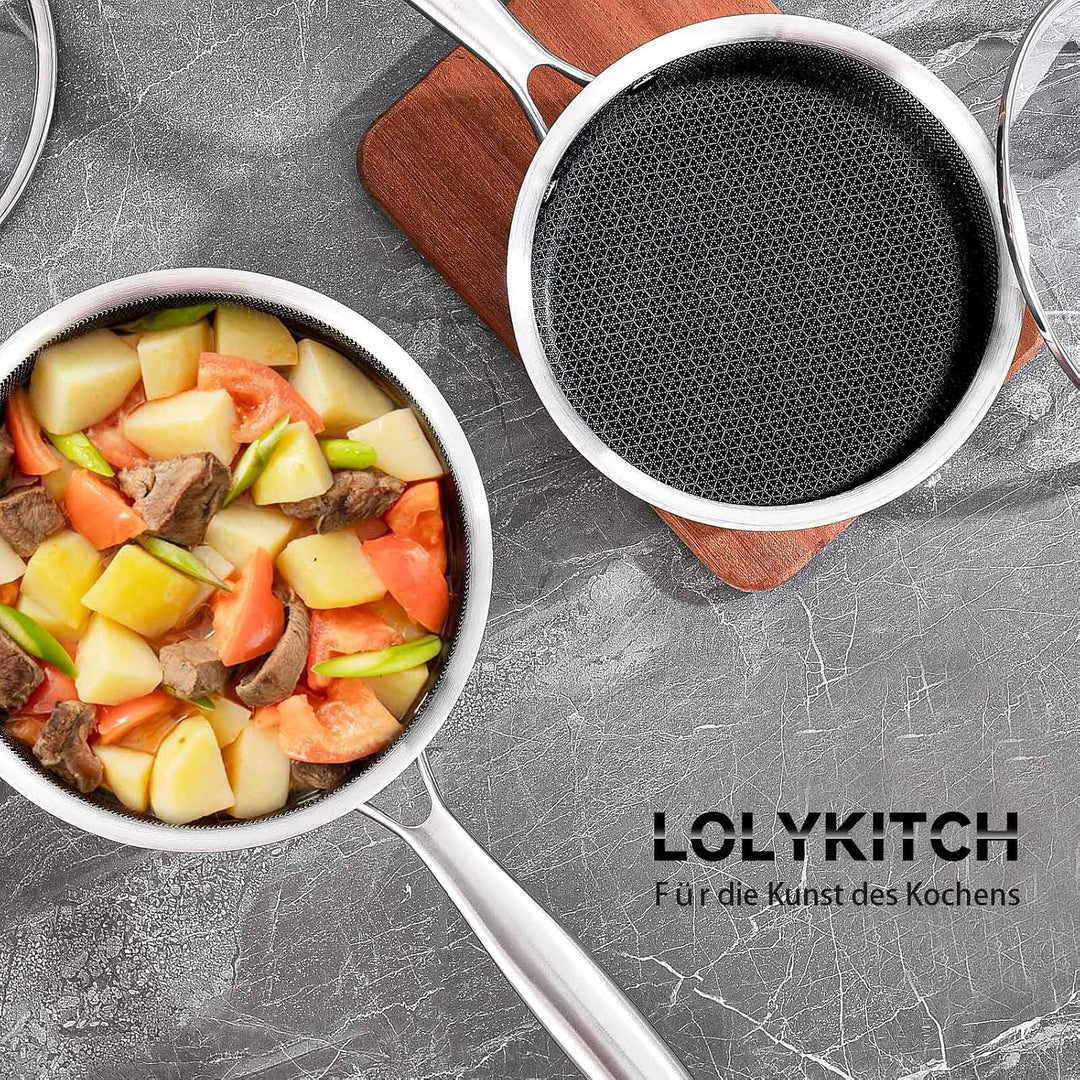 LOLYKITCH Edelstahl Kochtopf 16+18cm mit Deckel, Antihaft Stielkasserolle, Topfset, Kochtopf Indukti