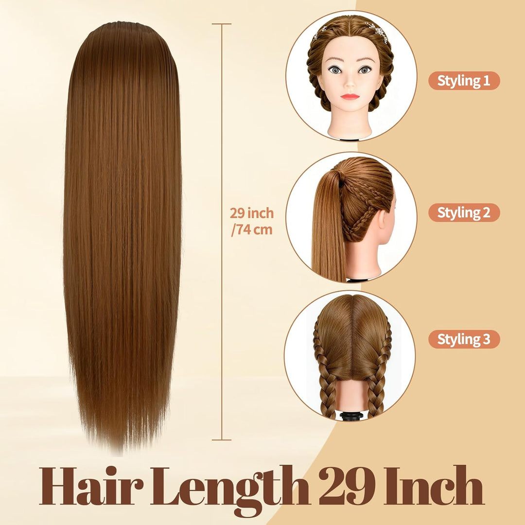 Yofuly 28-29Zoll / 71–74cm Frisierkopf mit Ohrlöchern, 100% Synthetikfaser-Haar Styling Kopf, Frisie