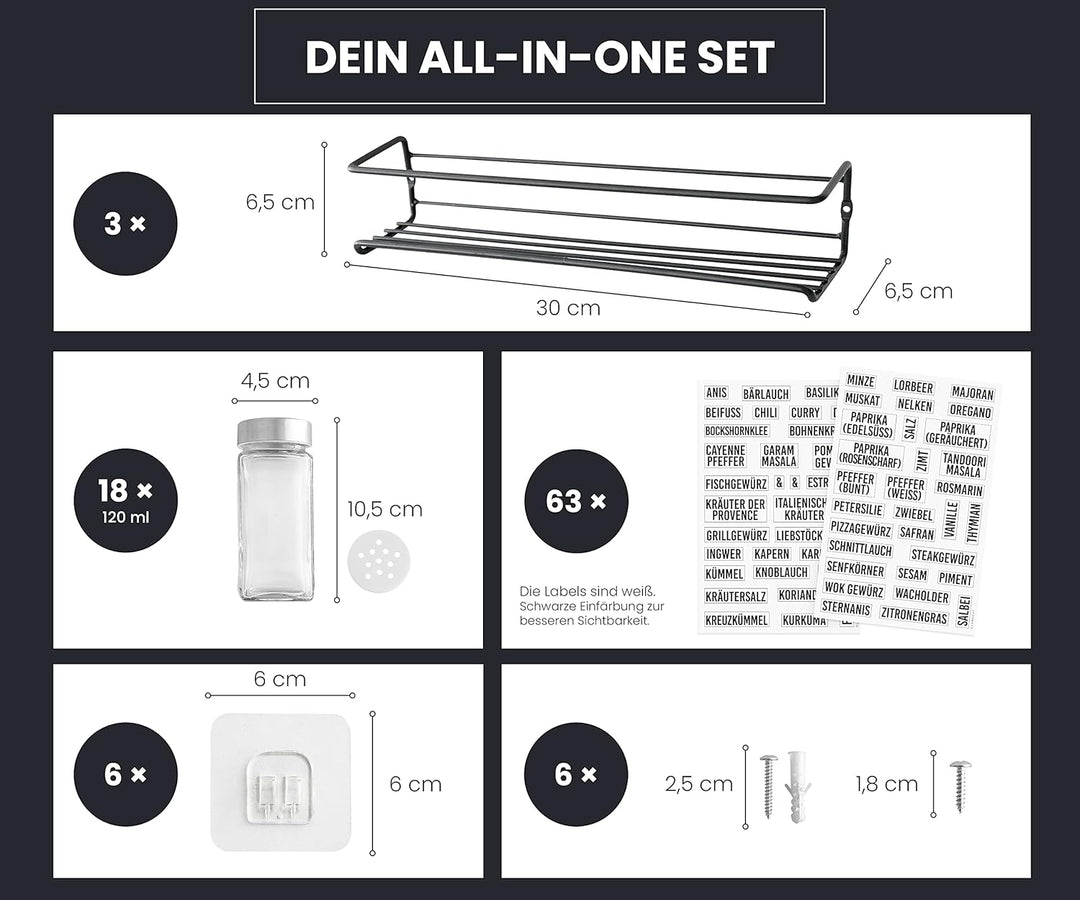 DEKOFY® Gewürzregal mit 18 Gläsern - zum Aufhängen für Wand &amp; Schranktür - ohne Bohren - Gewürzregal