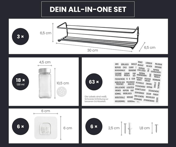 DEKOFY® Gewürzregal mit 18 Gläsern - zum Aufhängen für Wand &amp; Schranktür - ohne Bohren - Gewürzregal