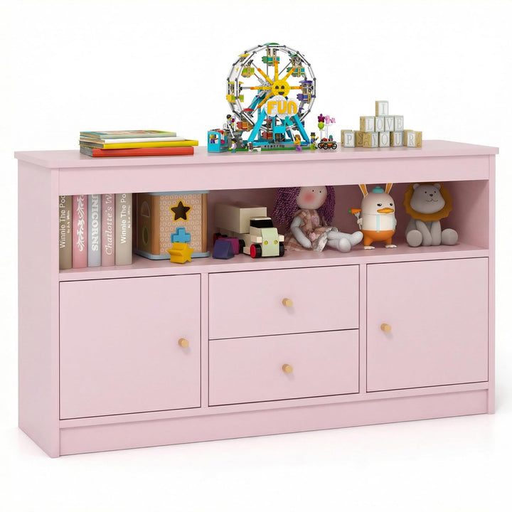 COSTWAY Spielzeugschrank Kinder, Kinderregal aus Holz, Kinderschrank mit 2 Schubladen & 2 Türen, Spi