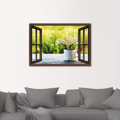 Artland Leinwandbild Wandbild Bild auf Leinwand 100x70 cm Wanddeko Fensterblick Fenster Botanik Blum