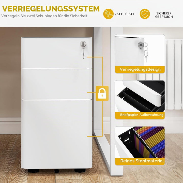 DWVO Abschliessbarer Aktenschrank mit 3 Schubladen, Büroschubladen mit Schlüsseln, kompakter, schlan