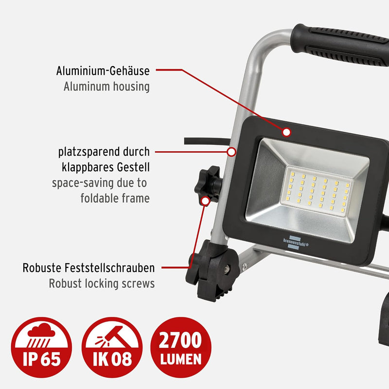 Brennenstuhl LED Baustrahler EL 2050 M (30W, 2700lm, 6500K, IP65, LED Arbeitsstrahler mit 1,5m Kabel