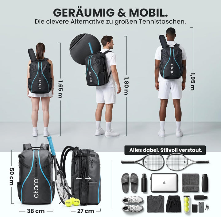 Otaro Tennisrucksack mit Schuhfach (Für 2 Tennisschläger) Inkl. Separierten Schuhfach &amp; Schlägerschu