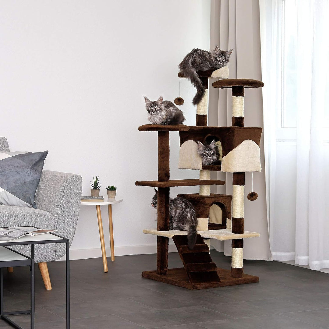 lionto Kratzbaum für Katzen mit 2 Plüschbällen & 3 Plattformen, Höhe 130 cm, Katzenbaum mit Sisal &