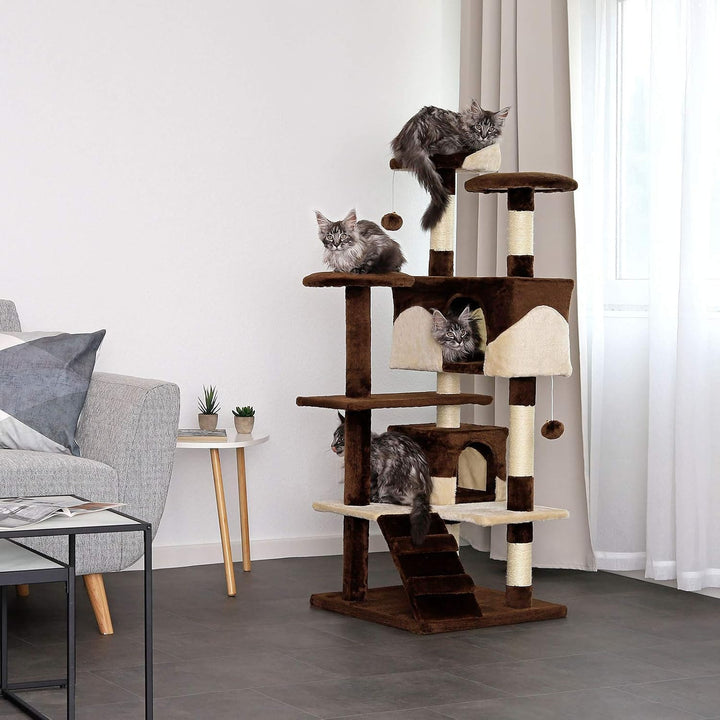 lionto Kratzbaum für Katzen mit 2 Plüschbällen & 3 Plattformen, Höhe 130 cm, Katzenbaum mit Sisal &