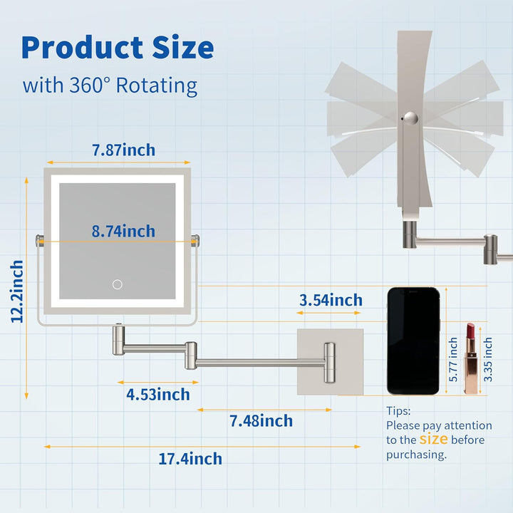 Ruacq Wiederaufladbarer Wand-Make-up-Spiegel mit Lichtern, doppelseitig, 1 x / 10-fache Vergrösserun