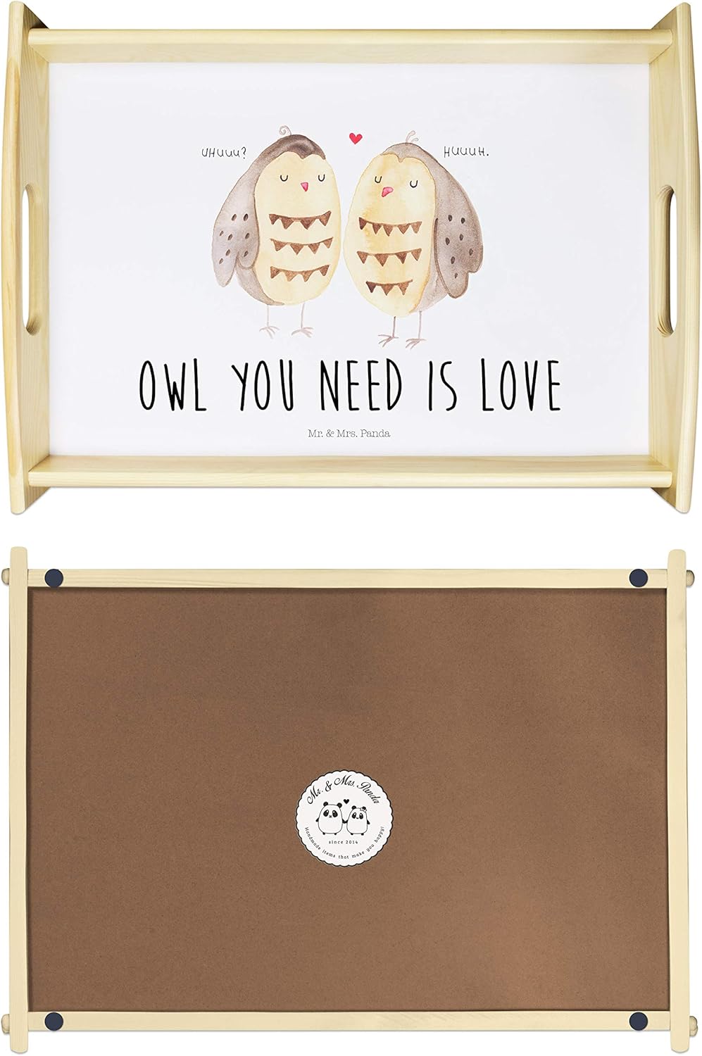 Mr. & Mrs. Panda Sofa Tablett Eulen Liebe - Geschenk, Liebesspruch, Dekotablett, aus Holz, Verliebt,