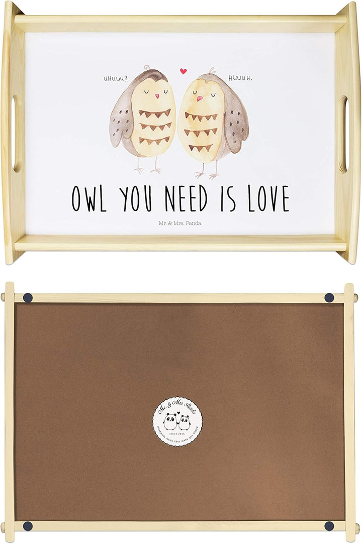 Mr. & Mrs. Panda Sofa Tablett Eulen Liebe - Geschenk, Liebesspruch, Dekotablett, aus Holz, Verliebt,