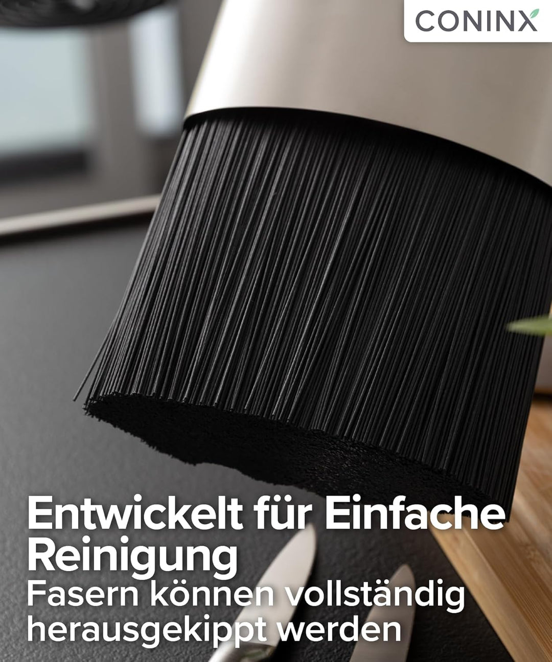 Coninx Messerblock Edelstahl Oval mit Akazieneinsatz – Moderner Universal Messerhalter für Küchenarb