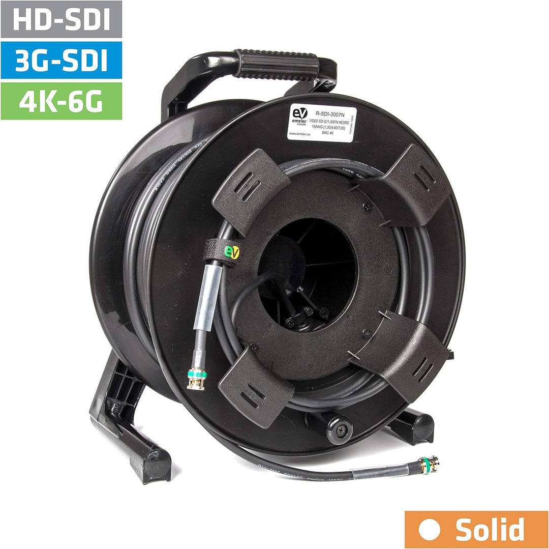 Emelec VíasCom R-SDI-3007N/100 – 100 m Videokabel 4K-UHD 6G-SDI (1.0/4.6/7.0) montiert auf Kabelhalt