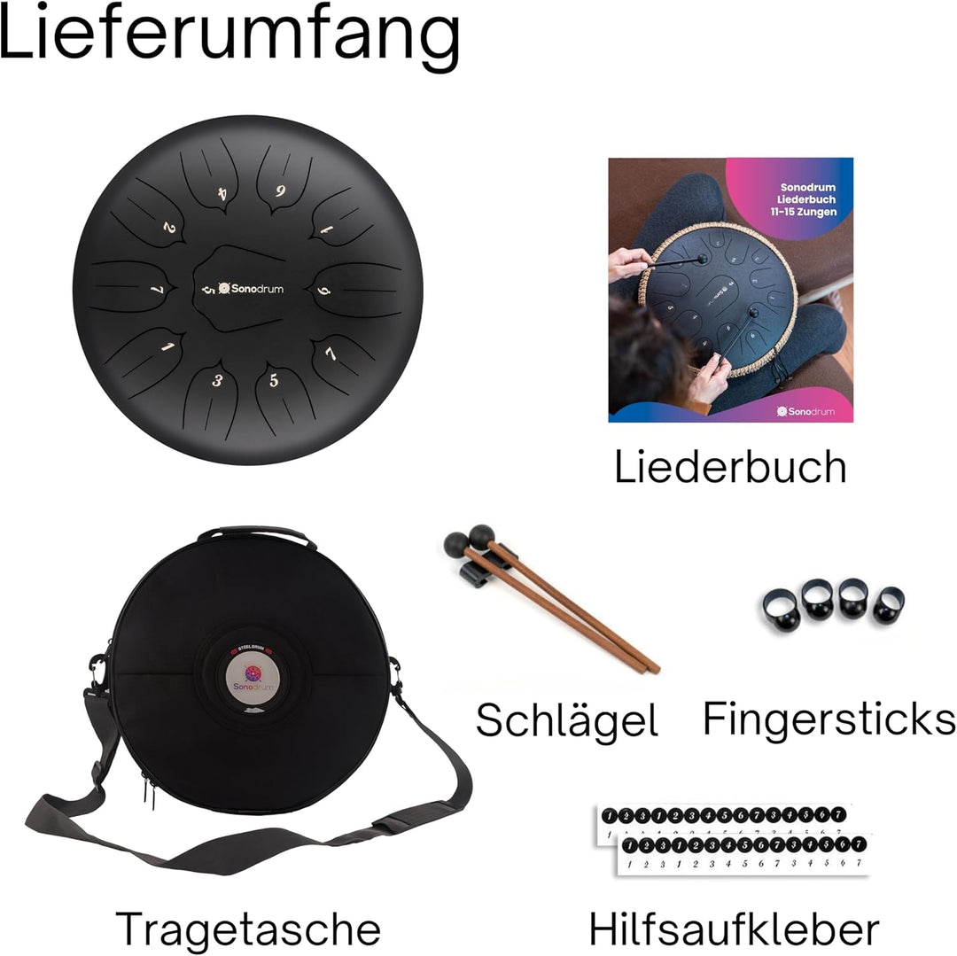 Sonodrum Zungentrommel "Standard 30cm D-Dur" in Schwarz - Tongue Drum inkl. Schlägel, Liederbuch und