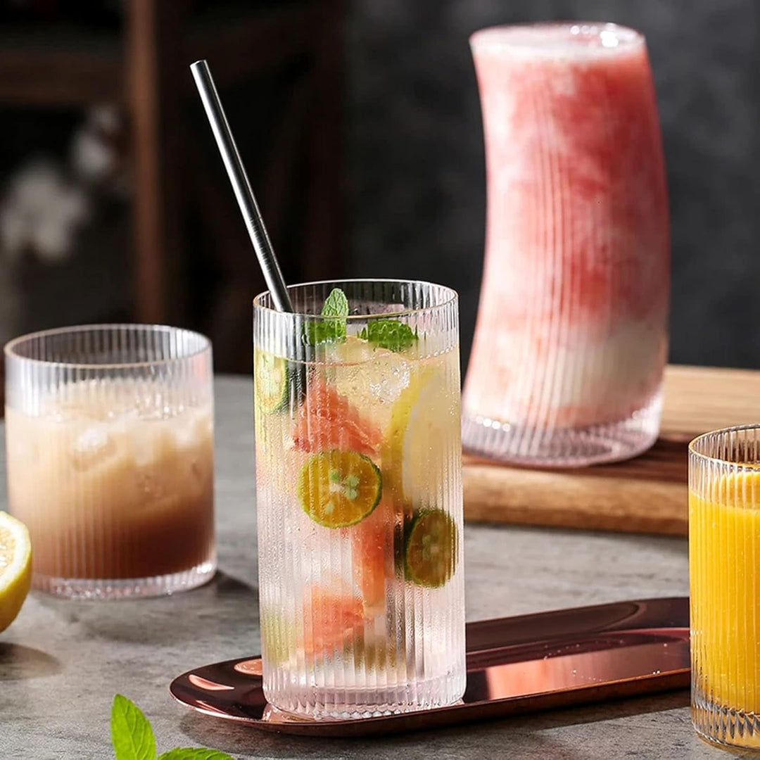 INSETLAN 370ml Geriffelte Longdrinkgläser mit Glasstrohhalm | Ideal für Whisky, Bier, Säfte | Spülma