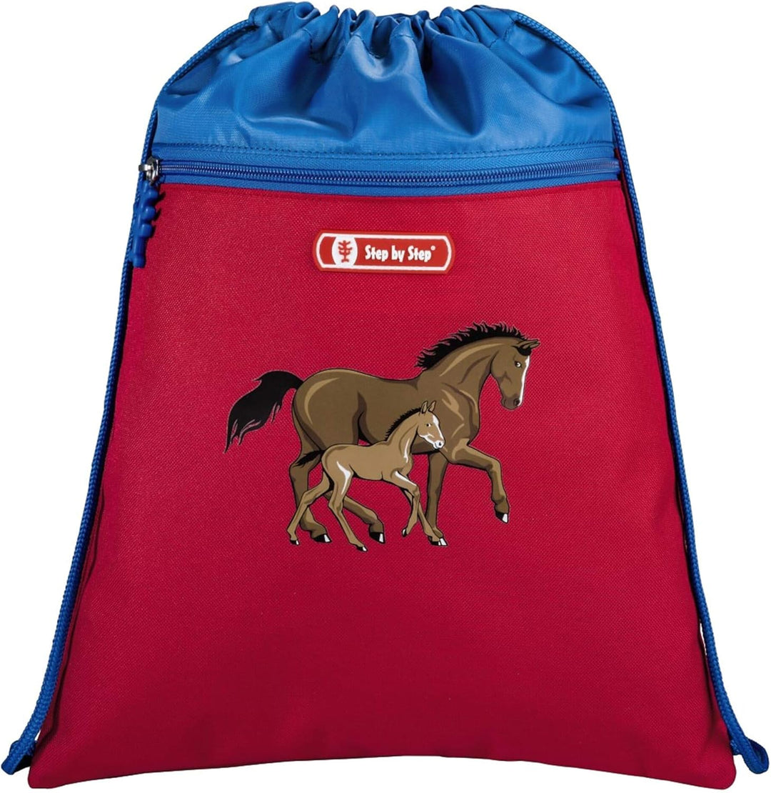 Step by Step Schulranzen-Set 2IN1 „Horse Family“ 4-teilig, rot-blau, Pferde-Design, ergonomischer To